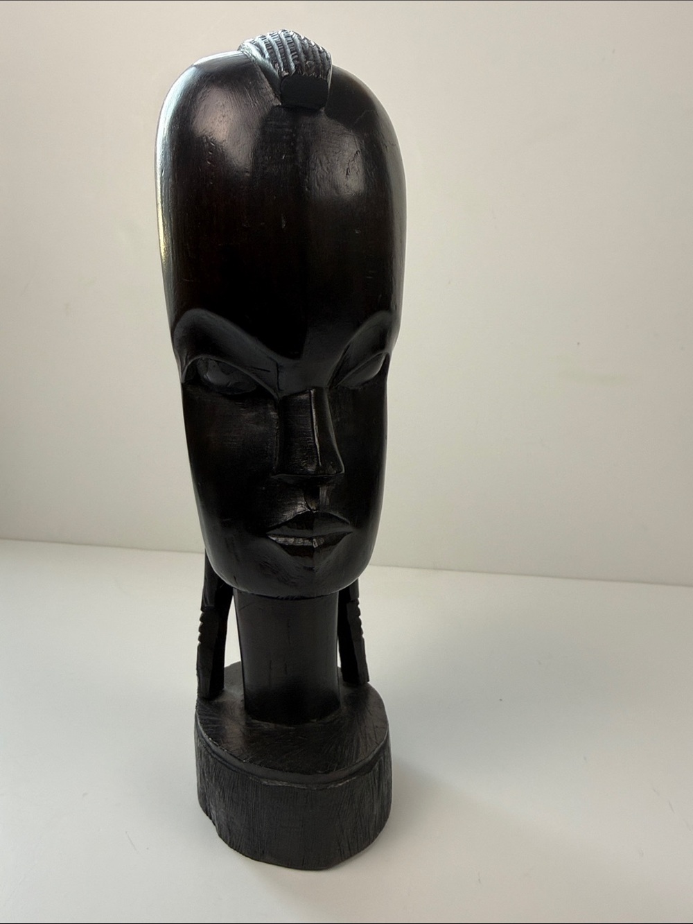 Hand-Carved Black Wooden Tribal Bust Sculpture - Home Art